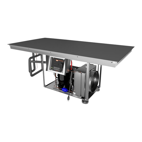 A Hatco aluminum built-in cold shelf on a table with a screen and a fan.