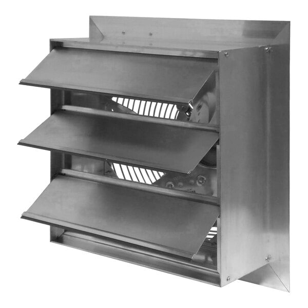 A metal shutter-mounted exhaust fan with three angled louvers and a visible fan blade behind the grill.