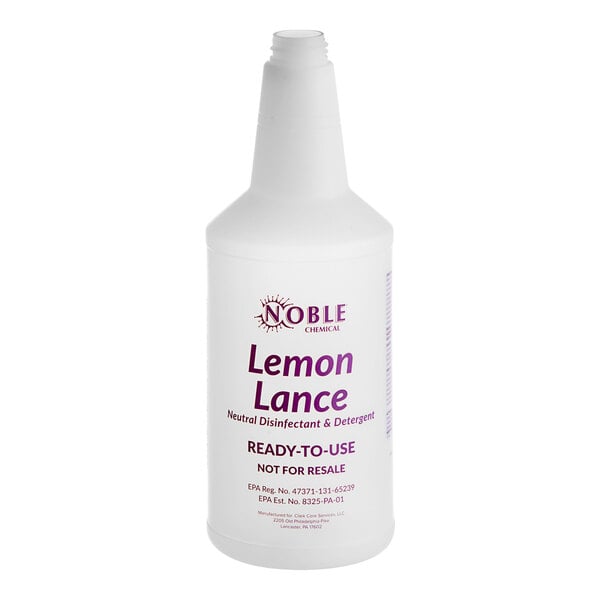 A white Noble Chemical bottle with a purple label for Lemon Lance Disinfectant and Detergent Cleaner.