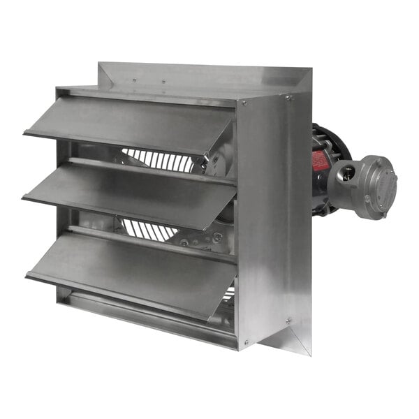 A metal shutter-mounted Canarm exhaust fan with a fan inside.