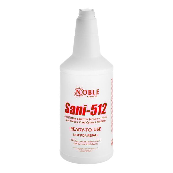 A white Noble Chemical bottle labeled Sani-512 in red.