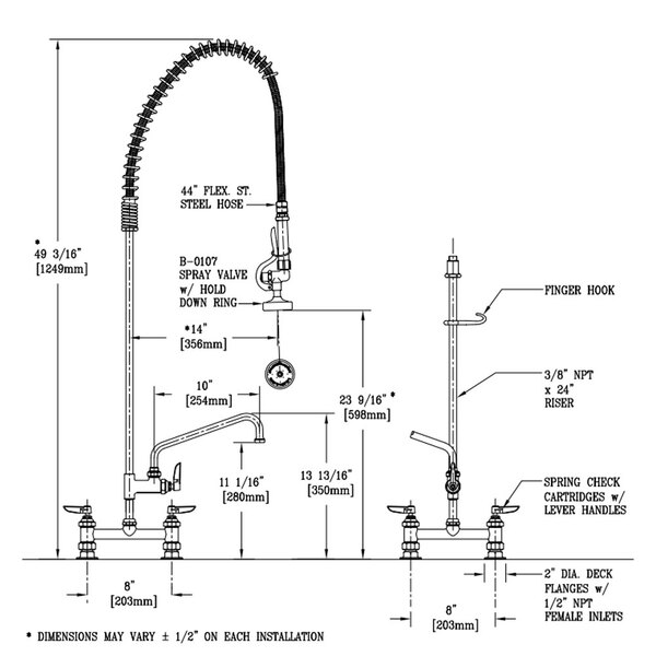 A diagram of a T&S deck mounted pre-rinse faucet with a hose and add-on faucet.