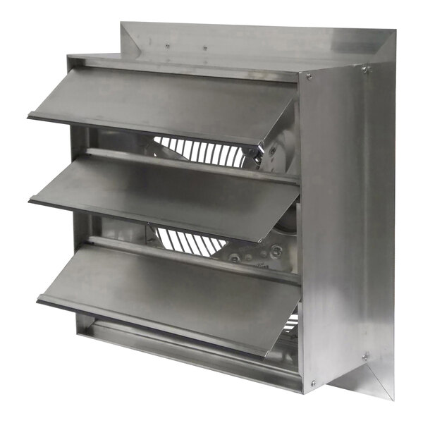 A stainless steel Canarm shutter-mounted exhaust fan with ventilators.