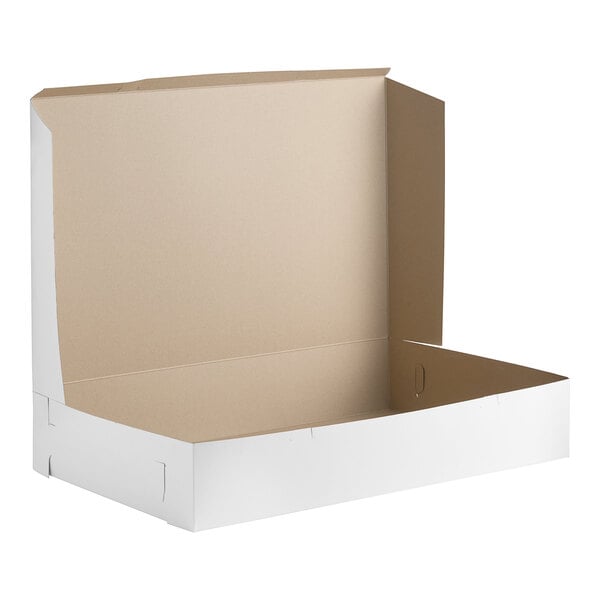 A white Baker's Lane full sheet cake box with a lid open.