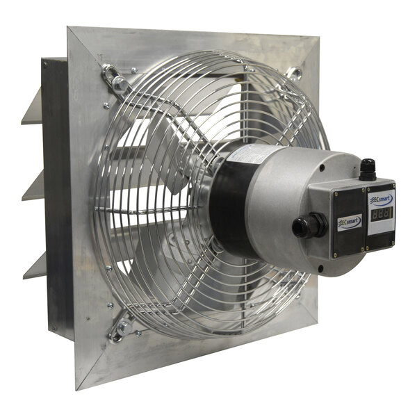 A Canarm shutter-mounted exhaust fan with a metal fan blade.