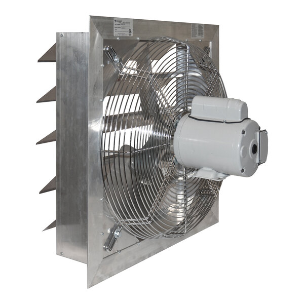 A white metal Canarm shutter-mounted exhaust fan.