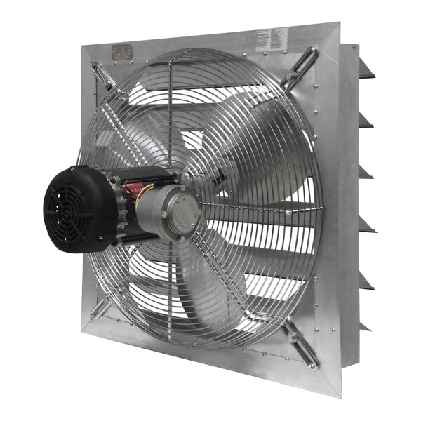 A Canarm metal shutter-mounted exhaust fan with a black motor.