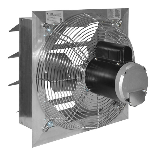 A metal exhaust fan with a protective wire grille, mounted on a square frame with angled louvers on the back.
