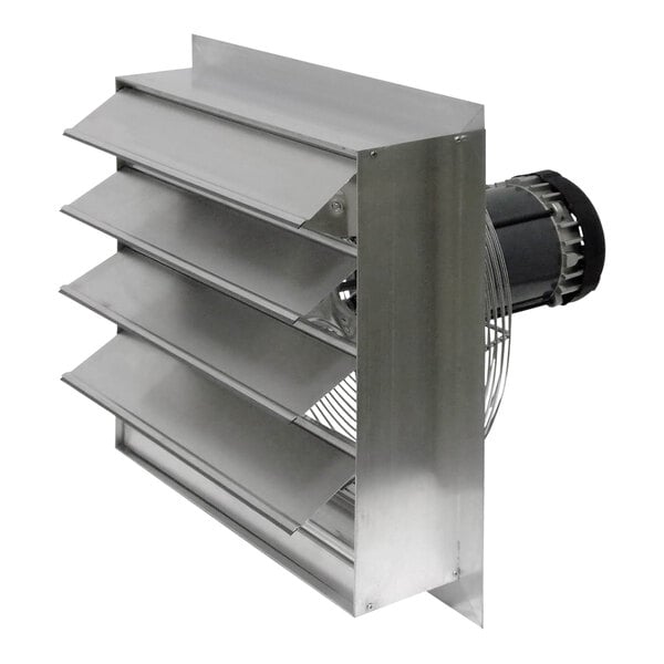 A metal fan with shutter-mounted blades over a black vent.