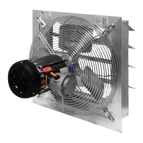 A square, metal, shutter-mounted exhaust fan with a protective wire grille and an attached motor on the back.