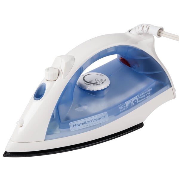 A close up of a white and blue Hamilton Beach steam iron.