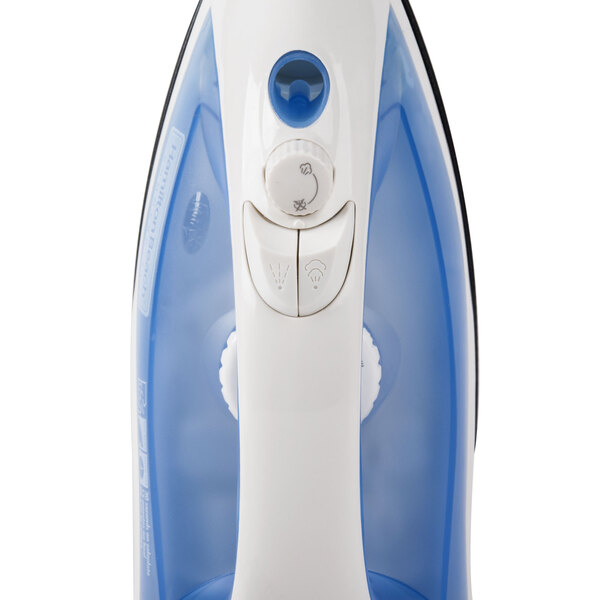 A close-up of a white Hamilton Beach non-stick hospitality iron.