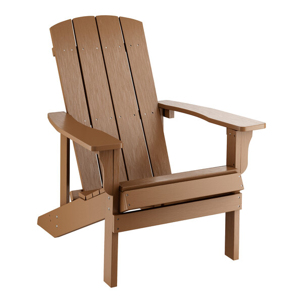 A brown high impact polystyrene Adirondack chair with a modern back and armrests.