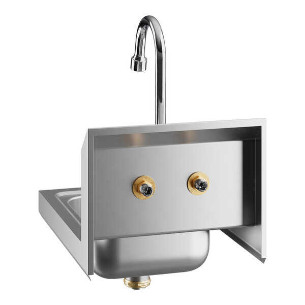 A stainless steel Regency wall-mounted hand sink with two T&S faucets and gooseneck spouts.