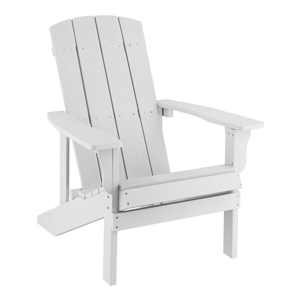 A white high impact polystyrene Adirondack chair with a back and armrests.