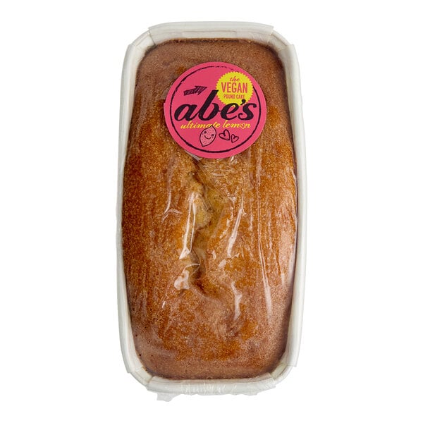 Abe's Vegan Ultimate Lemon Pound Cake in a container with a label.