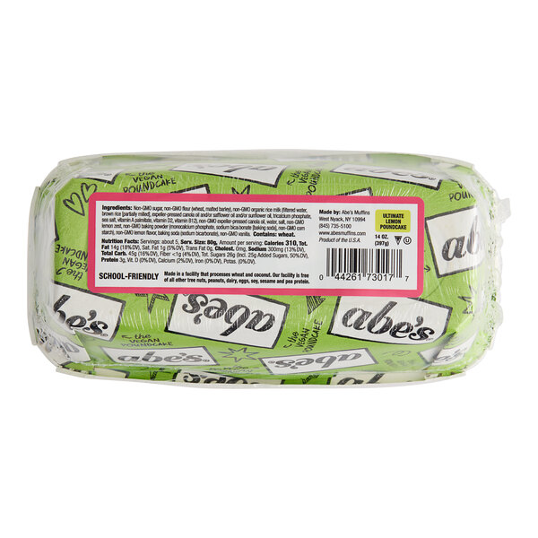 Abe's Vegan Ultimate Lemon Pound Cake in a green and white wrapper with black and white text.