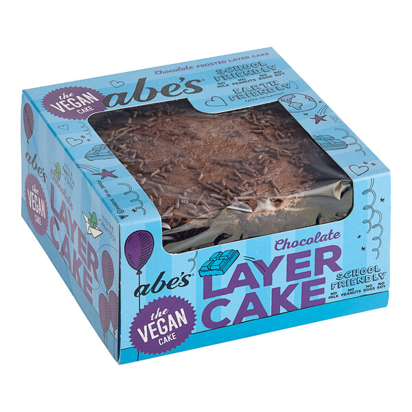 Abe's Vegan Chocolate-Frosted Layer Cake box with chocolate cake inside.