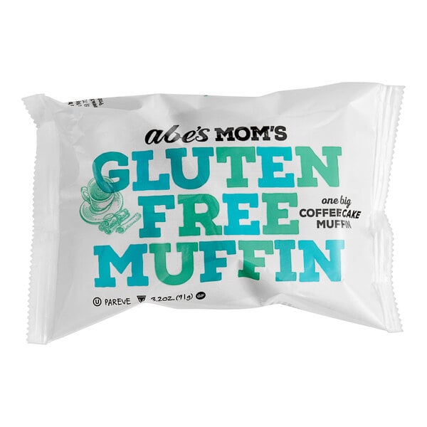 Abe's One Big Muffin Individually Wrapped Vegan Gluten-Free Coffee Cake Muffin package with blue text.