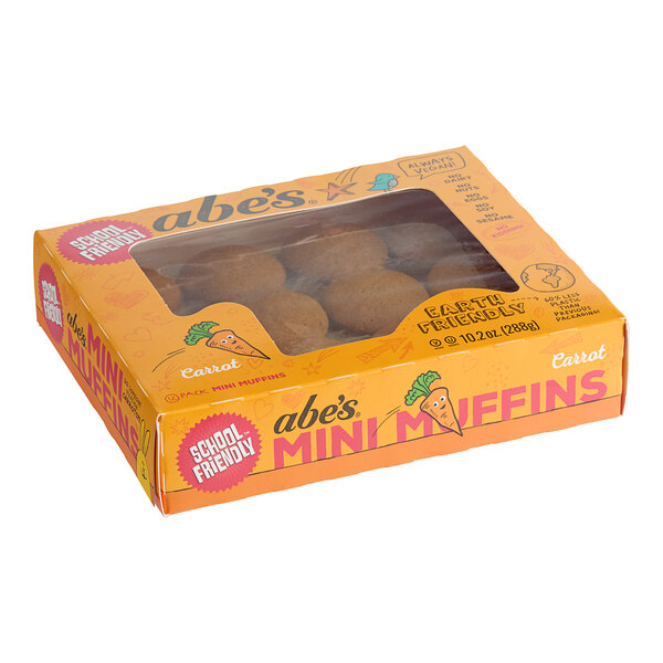 A white box of Abe's Vegan Carrot Mini Muffins with a yellow circle on the front.