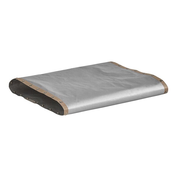 A silver and brown tarp with a zipper.
