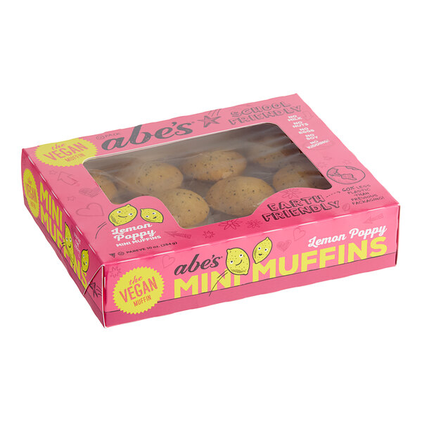 A pink box of Abe's Vegan Lemon Poppy Mini Muffins.