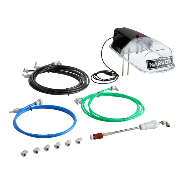 A set of components including a clear plastic device with a black top, several colored tubes, connectors, and a rod-like attachment, all arranged on a white background.