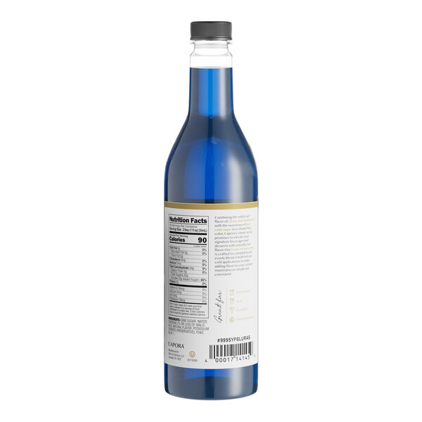 A 750 mL bottle of Capora Blue Raspberry flavoring syrup with a blue liquid and a nutrition label on the back.