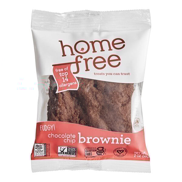 An individually wrapped Homefree chocolate chip brownie cookie.