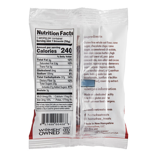 A package of Homefree Individually Wrapped Vegan Gluten-Free Chocolate Chip Brownies with nutrition information.