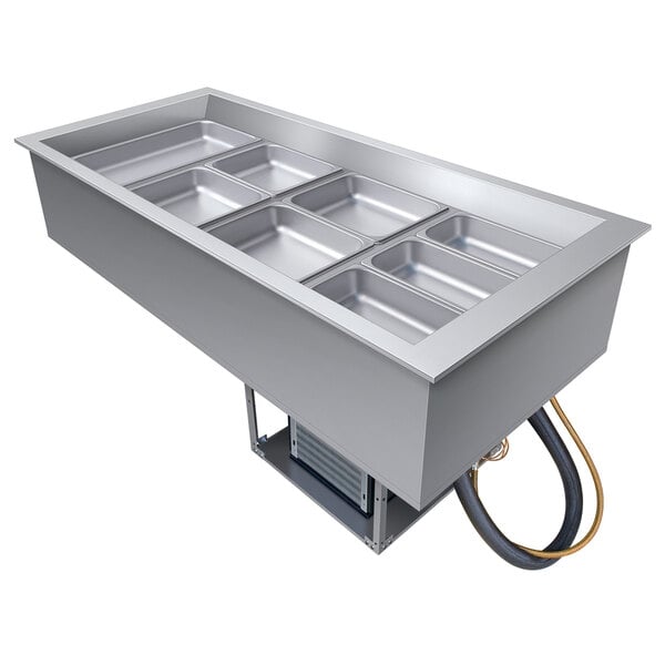 A large silver rectangular drop-in refrigerated cold food well with four compartments.