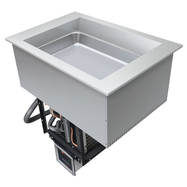 A stainless steel Hatco drop-in refrigerated cold food well with a drain.