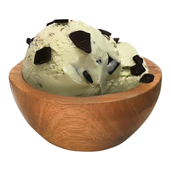 A bowl of G.S. Gelato mint chocolaty gelato with chocolate chips.