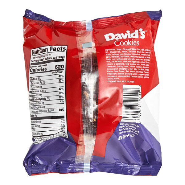 A white bag of David's Cookies Individually Wrapped Blueberry Crumb Muffins with a label.
