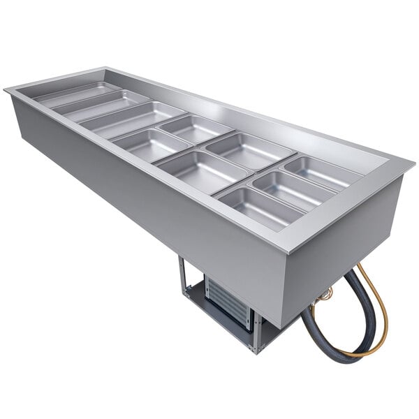 A Hatco drop-in refrigerated cold food well with a stainless steel tray in a large rectangular silver container.