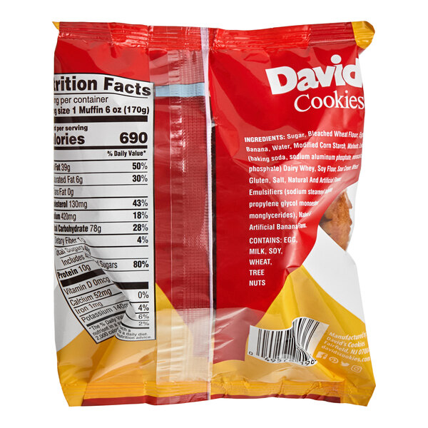 A white bag of David's Cookies Individually Wrapped Banana Nut Muffins with a label.