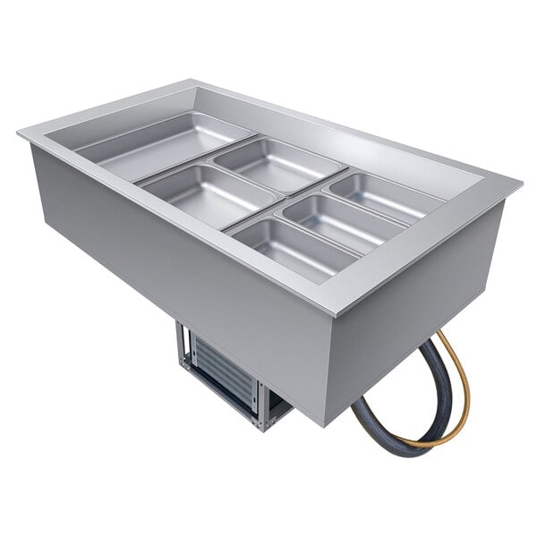 A large rectangular stainless steel container with three compartments and trays.