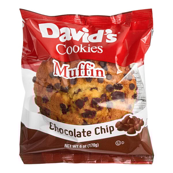 A bag of David's Cookies individually wrapped chocolate chip muffins.