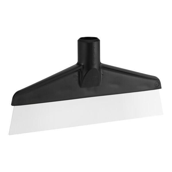 A black and white plastic and stainless steel scraper with a black handle.