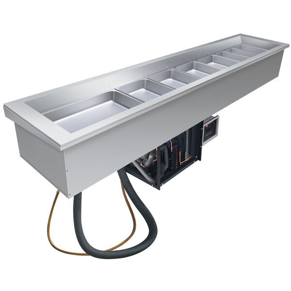 A large silver rectangular Hatco drop-in refrigerated cold food well with slanted pans inside.