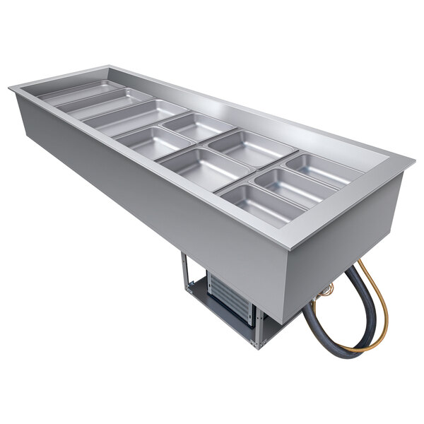 A stainless steel Hatco drop-in refrigerated cold food well with six compartments on a counter.