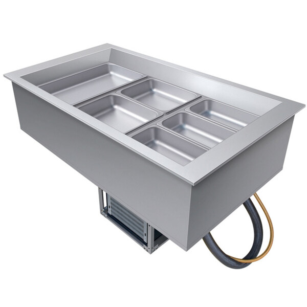 A Hatco rectangular silver drop-in cold food well with three slanted compartments.