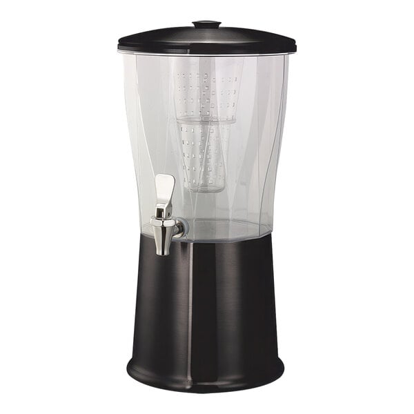 A black stainless steel and plastic beverage dispenser with a glass lid.