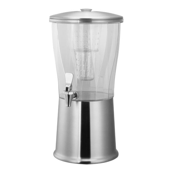 A Service Ideas stainless steel beverage dispenser with a clear Tritan plastic infuser tube and lid.