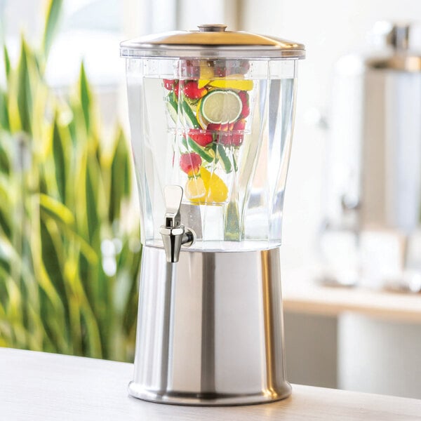 Service Ideas Elite 3 Gallon Round Brushed Stainless Steel and Tritan™ Plastic Cold Beverage Dispenser with Infuser Tube CBDRT3BSSS