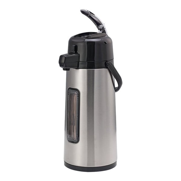 A silver and black Service Ideas Eco-Air coffee airpot with a sight glass and lever.