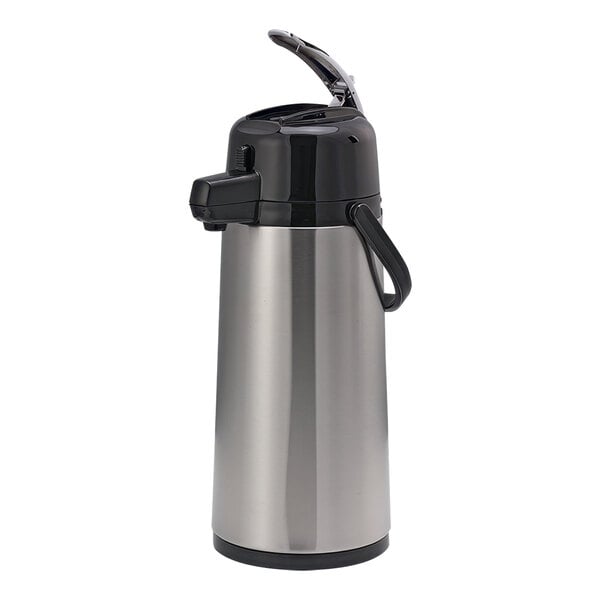 A silver and black Service Ideas Eco-Air coffee pot with a handle.