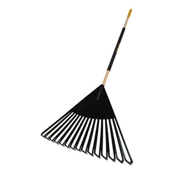 A black True Temper leaf rake with a long black handle.