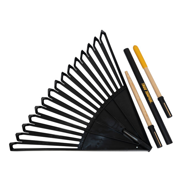 A black True Temper leaf rake with a yellow and black cushioned handle.