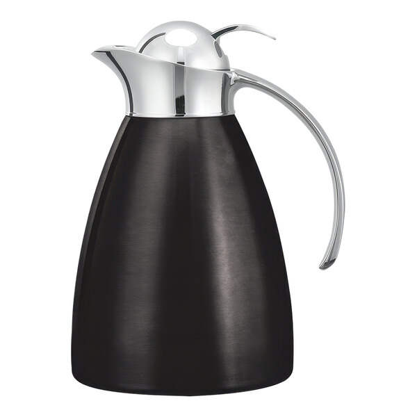 A black and silver stainless steel carafe with a push button lid.